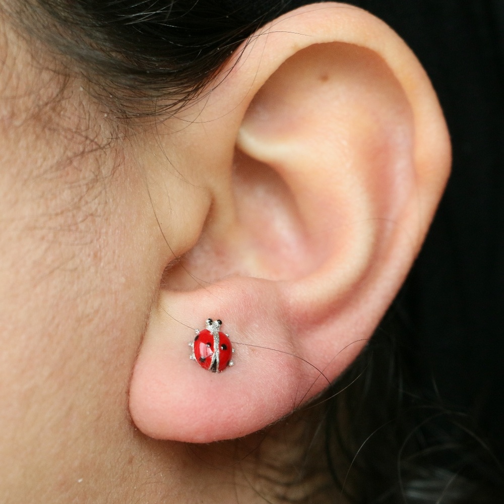 925 Sterling Silver Ladybug Stud Earrings - Picture 2 of 8